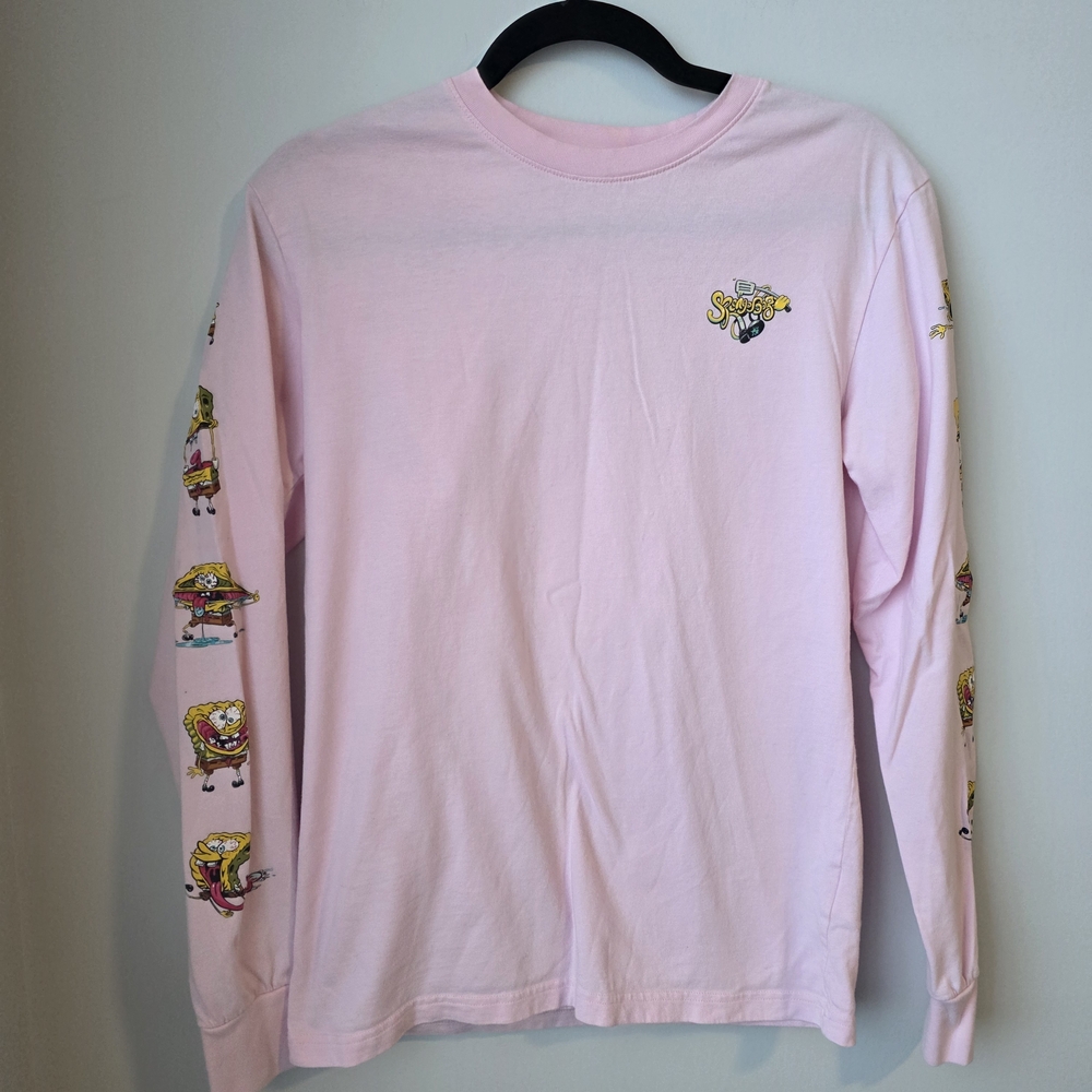 SpongeBob SquarePants Pink Long Sleeve Graphic Tee XS Cartoon Sleeve Print Shirt